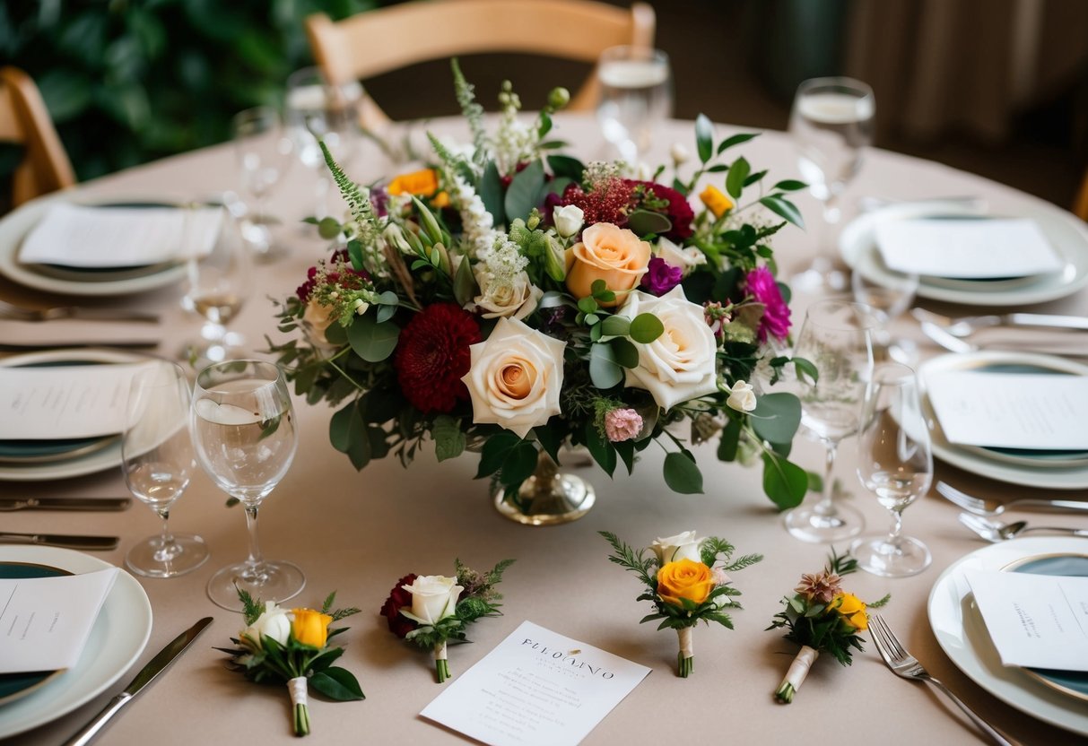 A table set with a variety of floral accessories, including corsages and boutonnieres, arranged in a tasteful and elegant manner
