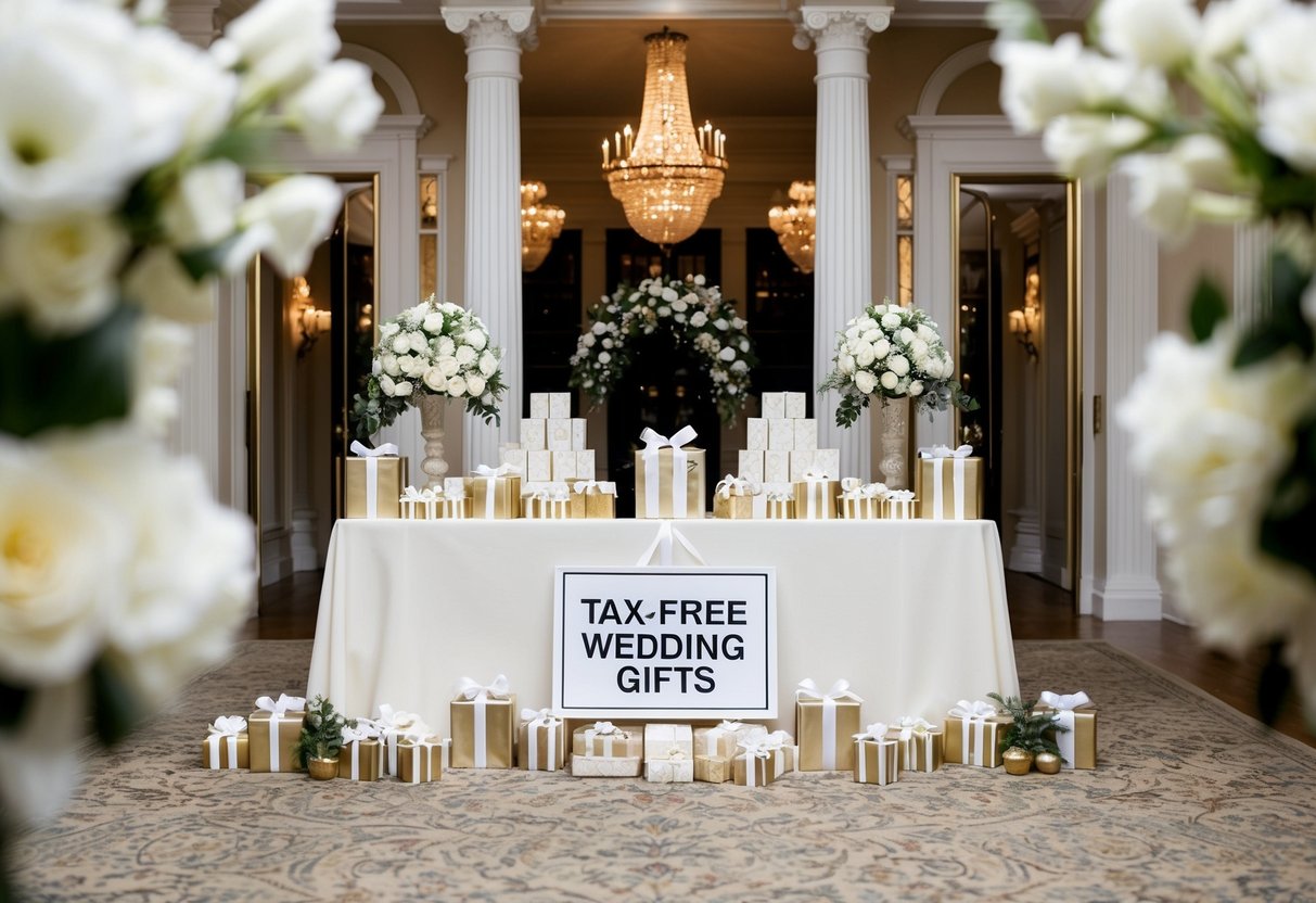 A grand estate with a large gift table surrounded by elegant decorations, with a sign indicating "Tax-Free Wedding Gifts" prominently displayed