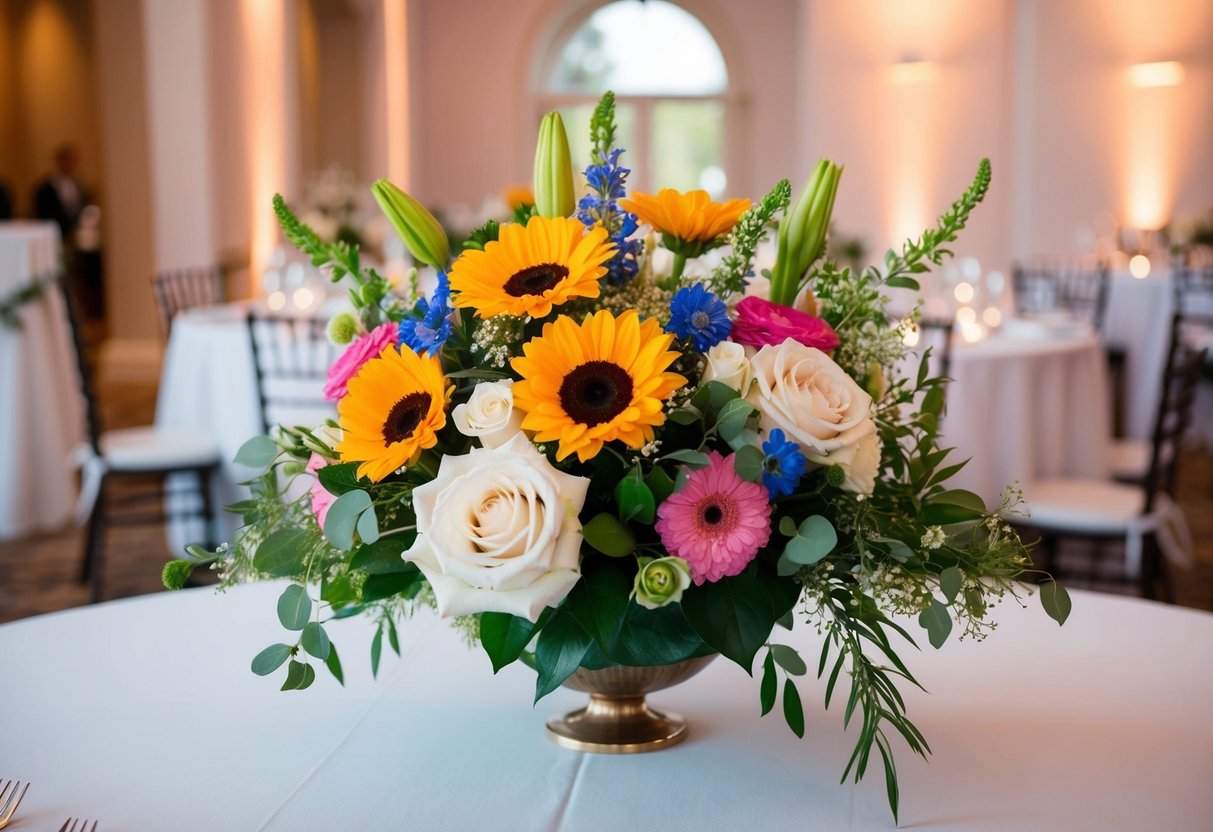 A floral arrangement with the mother of the bride and groom's favorite flowers placed on a table at the wedding reception