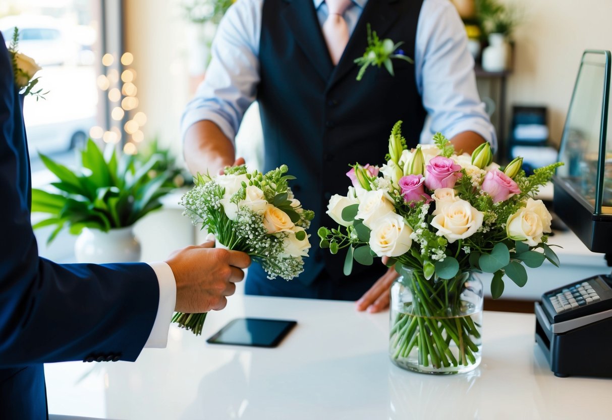 A groom's hand holds out a bouquet of flowers towards a florist, who stands behind a counter with a cash register