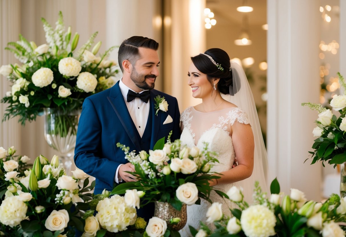 A groom and bride's families each contribute to a display of elegant wedding flowers