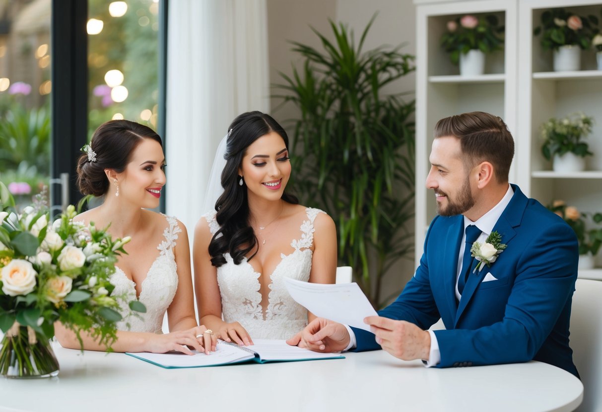 A bride and groom sit at a table with a florist, discussing and reviewing a floral budget for their wedding