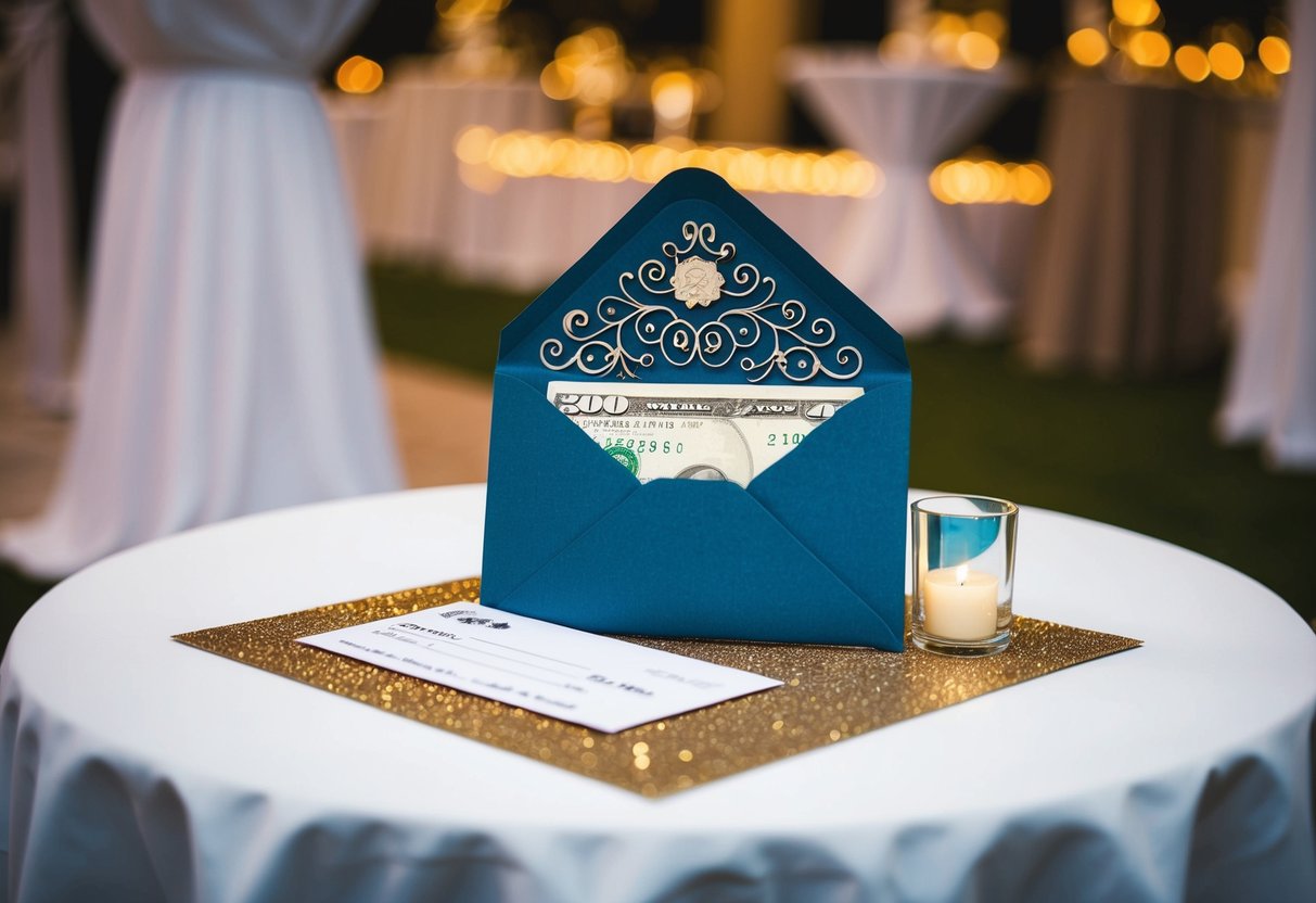 A decorative envelope with a cash bill and a check placed on a gift table at a wedding reception