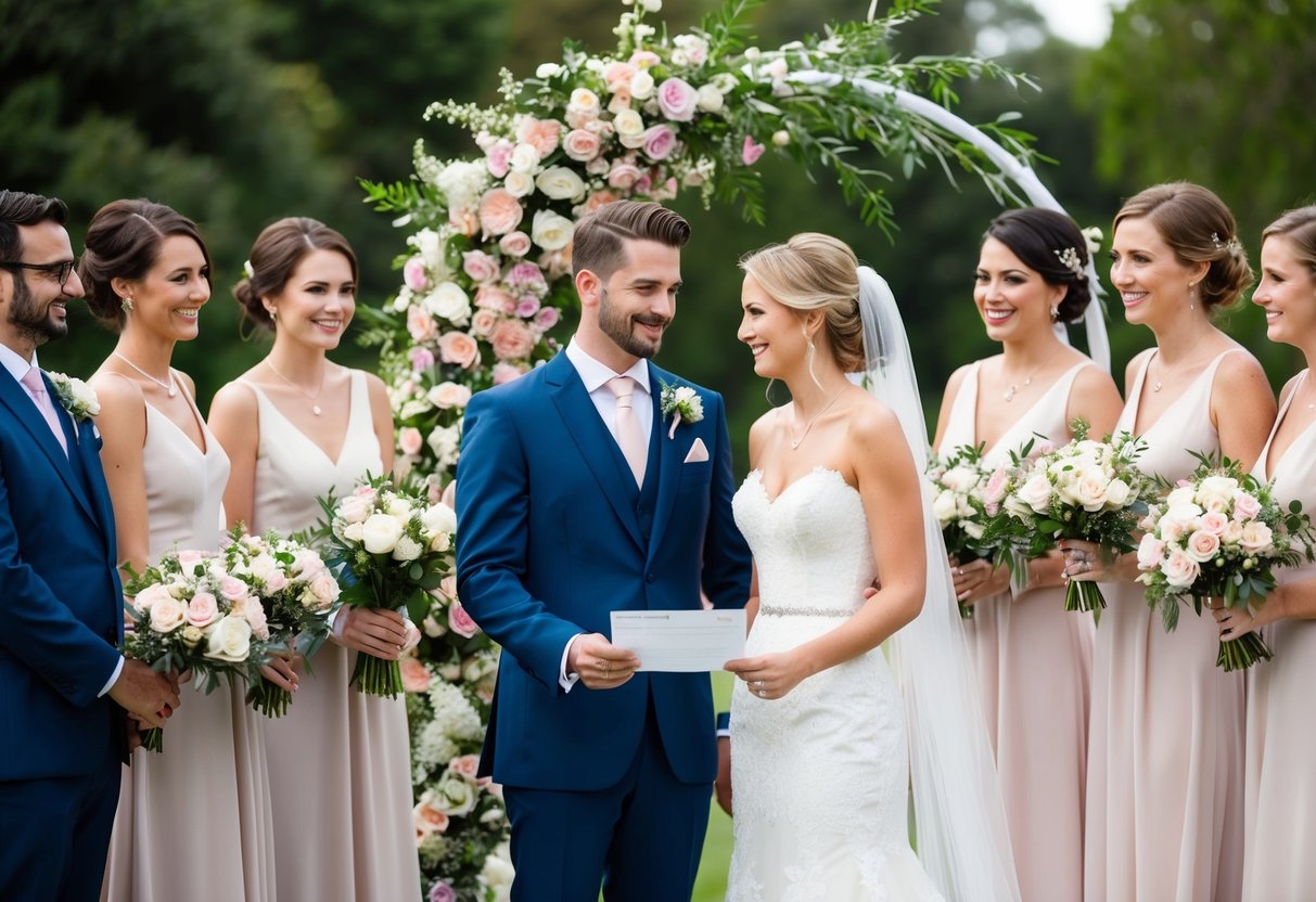A bride and groom stand beside a floral arch, surrounded by bridesmaids and groomsmen holding bouquets and boutonnieres. A florist presents a bill to the couple