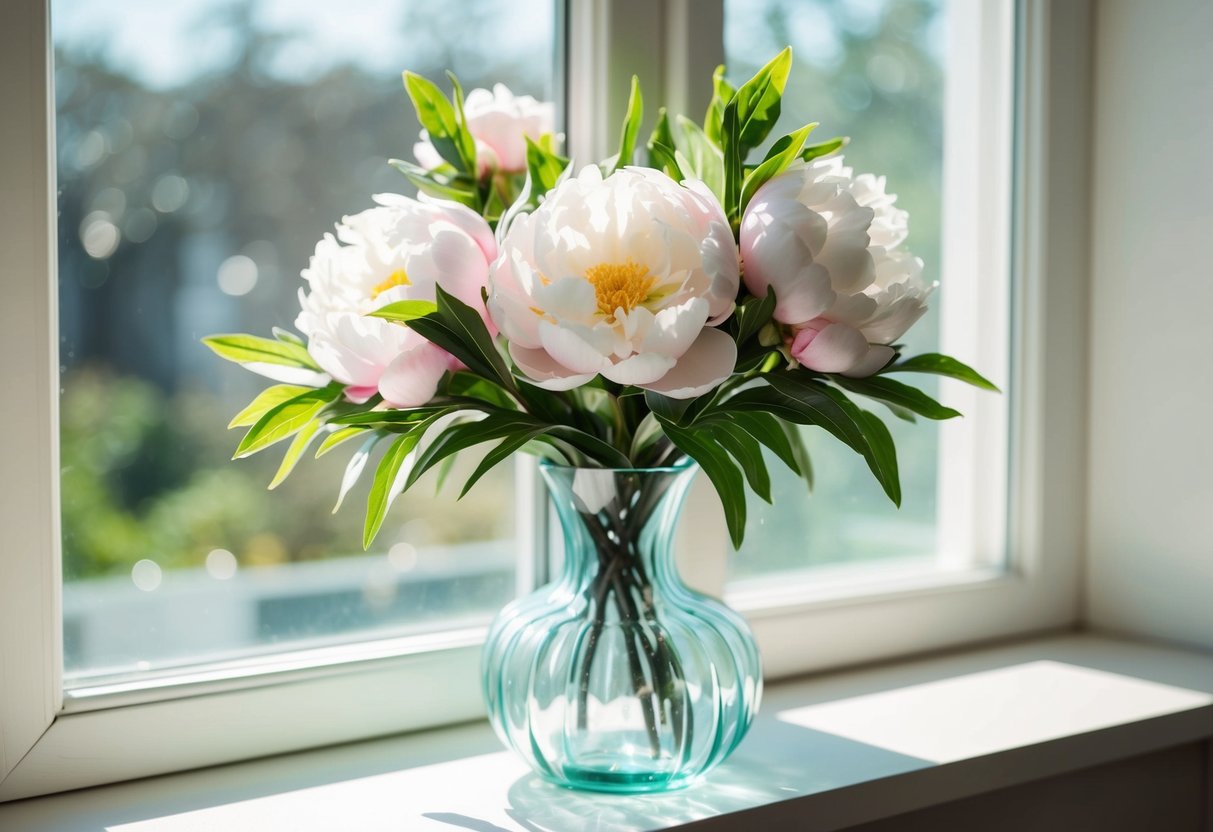 A glass vase on a sunlit windowsill holds a bouquet of artificial peonies with delicate, lifelike petals and realistic greenery