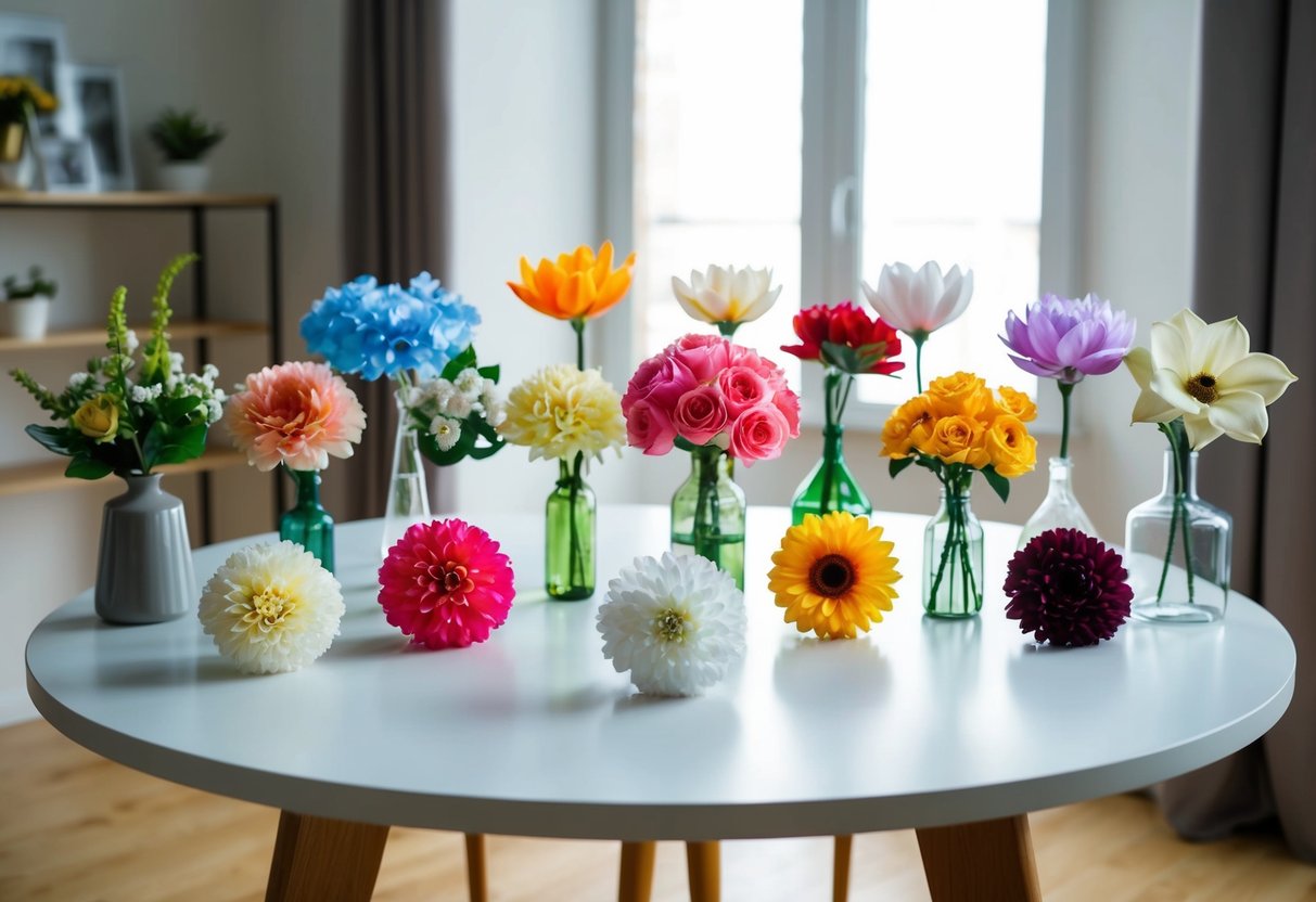 A table with various artificial flowers in a well-lit room, showcasing their realistic details and colors