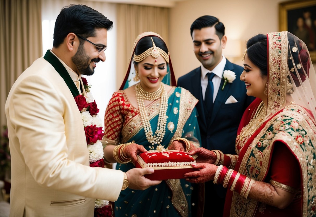 The groom's family presents the bride with a traditional gift of jewelry and a beautifully embroidered shawl