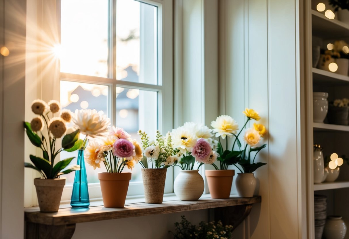 A cozy home with a sunlit window, showcasing a variety of lifelike faux flowers in vases and pots on a rustic wooden shelf