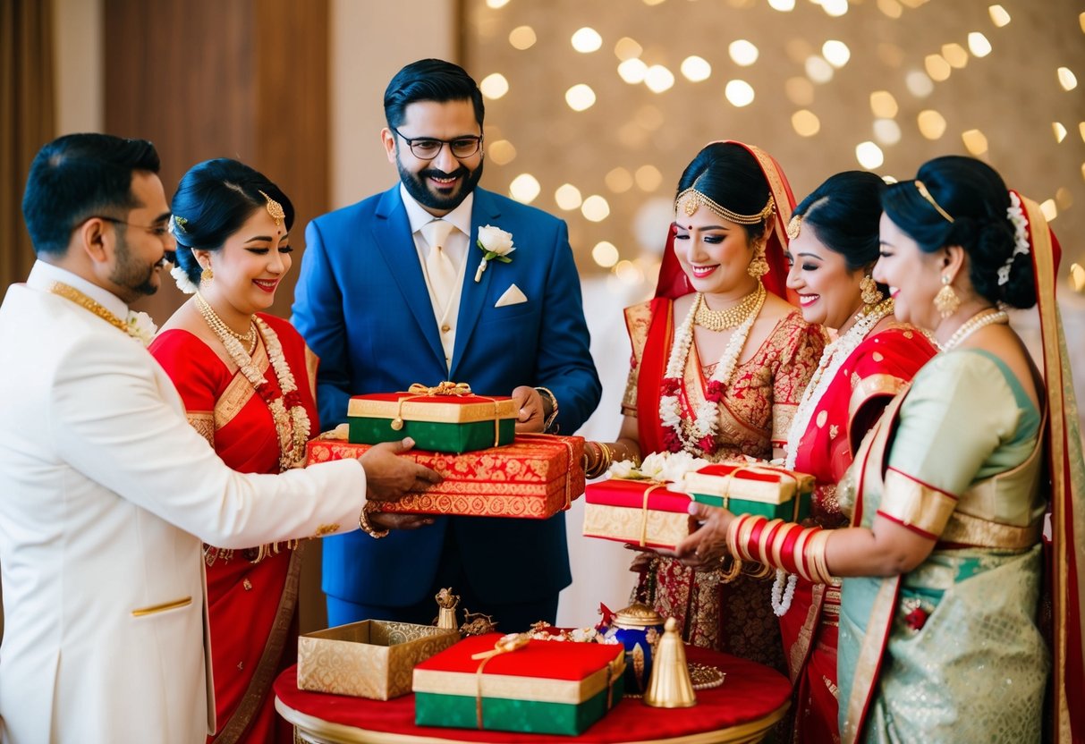The groom's family presents the bride with traditional gifts, such as jewelry, clothing, or household items, symbolizing their acceptance and support