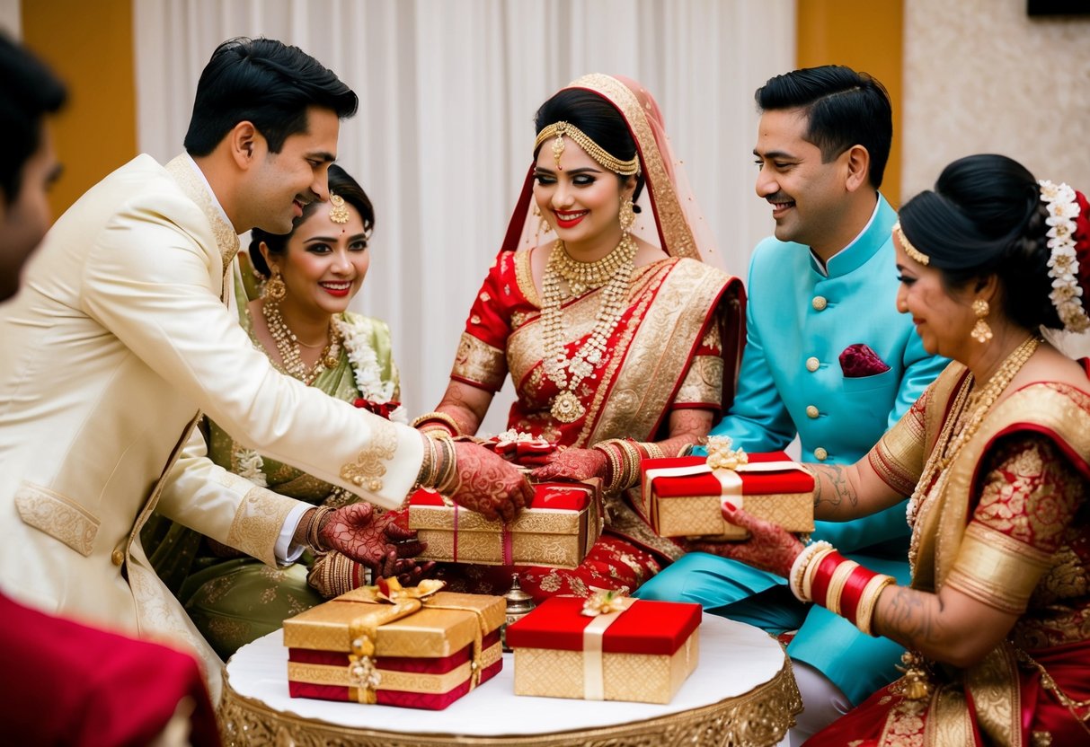 The groom's family presents the bride with traditional gifts, such as jewelry, clothing, or household items, symbolizing their support and welcome into the family