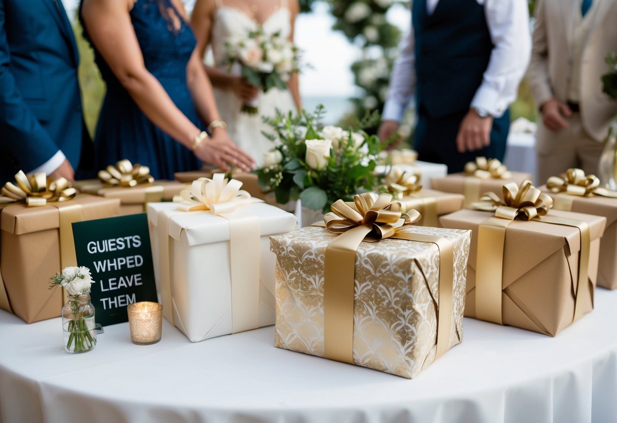 Guests receive gifts at a wedding, with a table adorned with wrapped presents and a sign indicating where to leave them