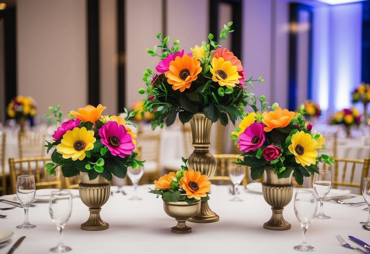 A table adorned with vibrant fake flowers, arranged in elegant vases, serving as centerpieces at a wedding reception