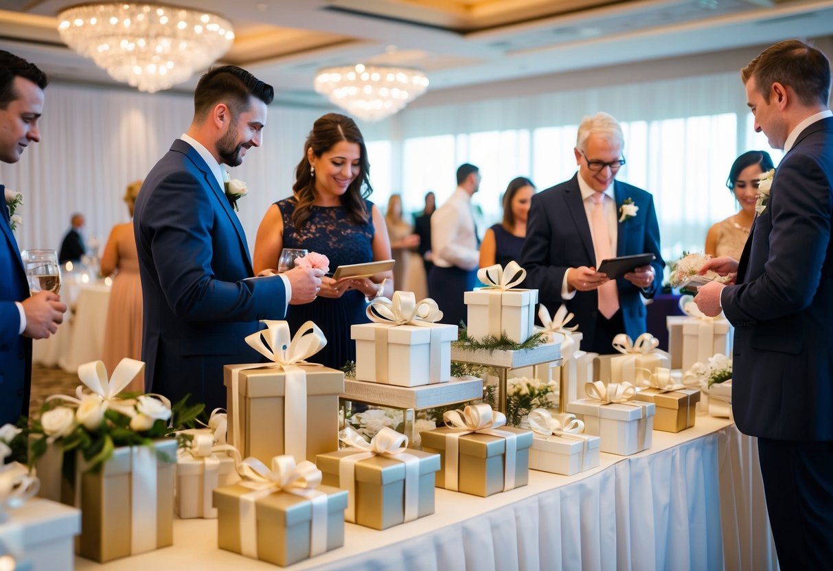 Guests browsing through a variety of elegant and thoughtful wedding gifts displayed on a table at the reception venue