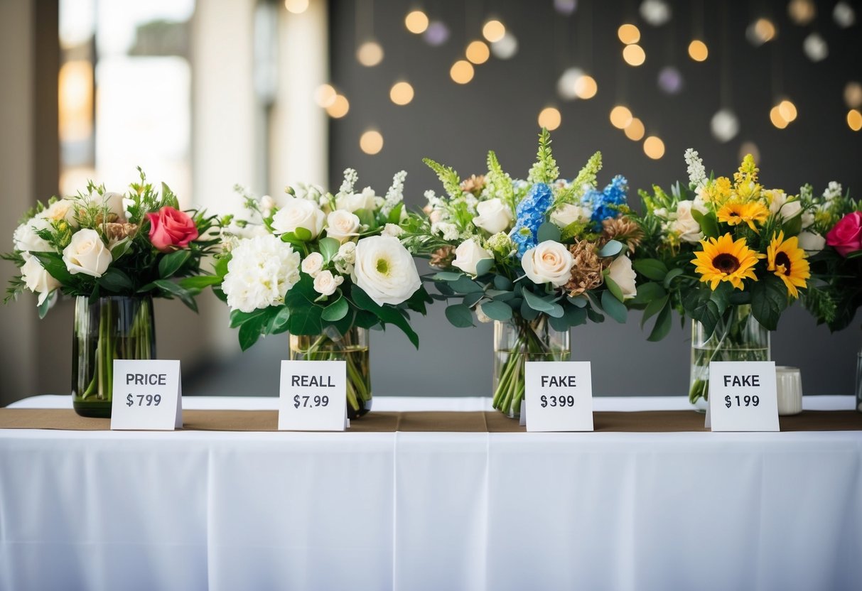 A table displays an array of wedding flowers, both real and fake, arranged in various styles and colors. A price tag comparison is visible next to each option