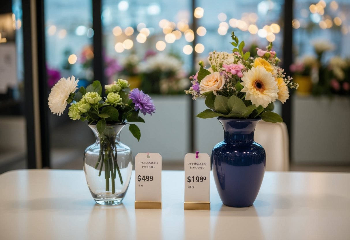 A table with two vases, one filled with fake flowers and the other with real flowers. A price tag next to each vase