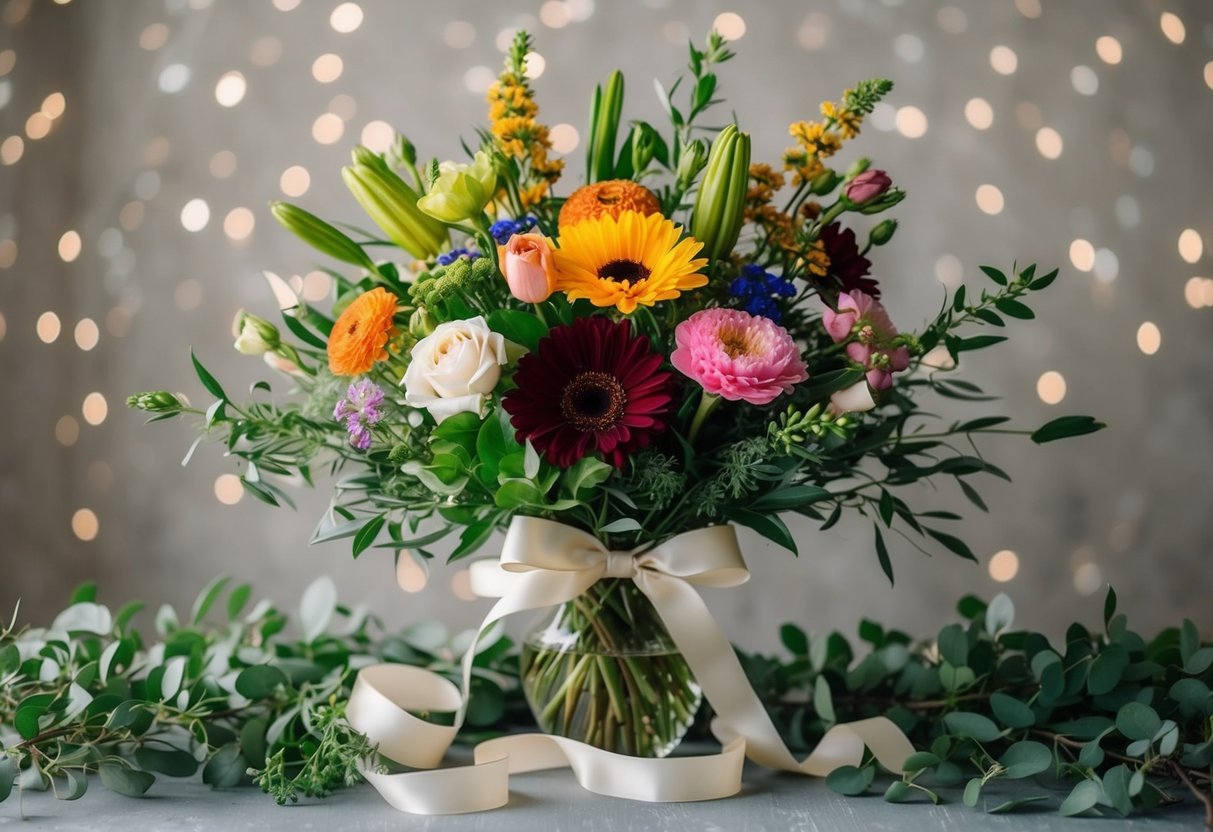 A bouquet of assorted flowers in a vase, surrounded by greenery and ribbon