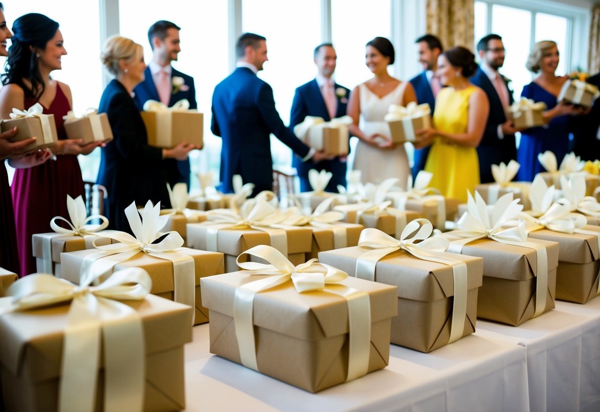 Guests gather at a pre-wedding event, bringing gifts wrapped in elegant paper and tied with ribbons. The gifts are displayed on a table, adding to the festive atmosphere