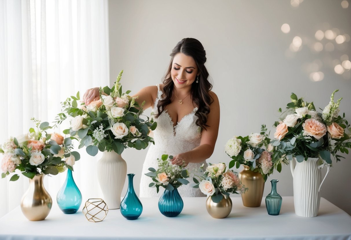 A bride arranging faux flowers in various vases and centerpieces for her dream wedding decor