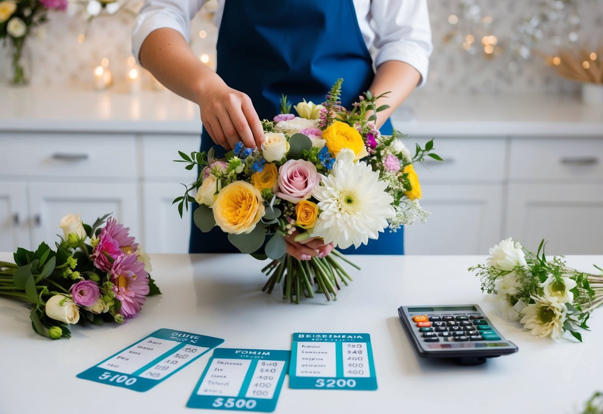 A florist arranging a variety of flowers in a bridesmaid bouquet, surrounded by different pricing options and a calculator