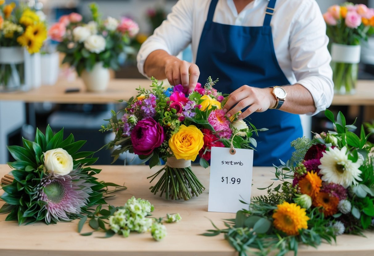 A florist arranging a colorful bridesmaid bouquet, surrounded by various flowers and greenery, with a price tag displayed nearby