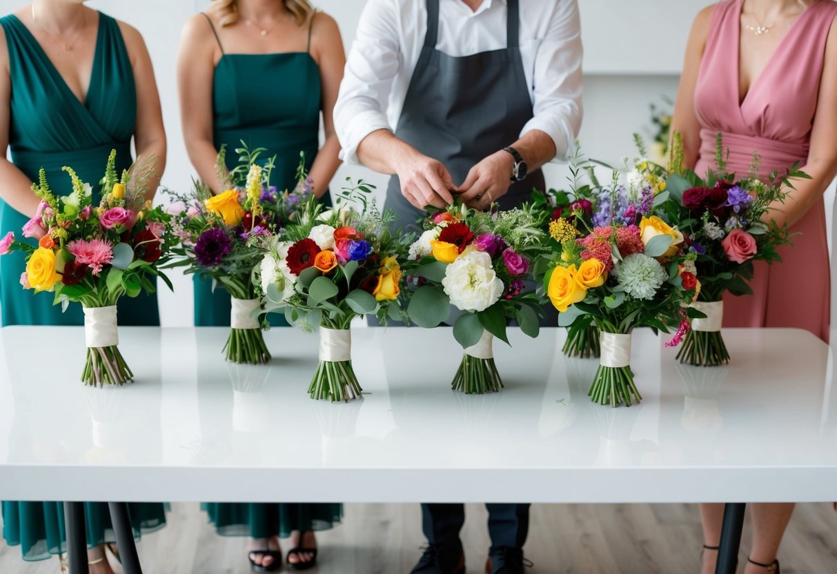 A florist arranging bridesmaid bouquets with a variety of colorful flowers and greenery on a clean white table