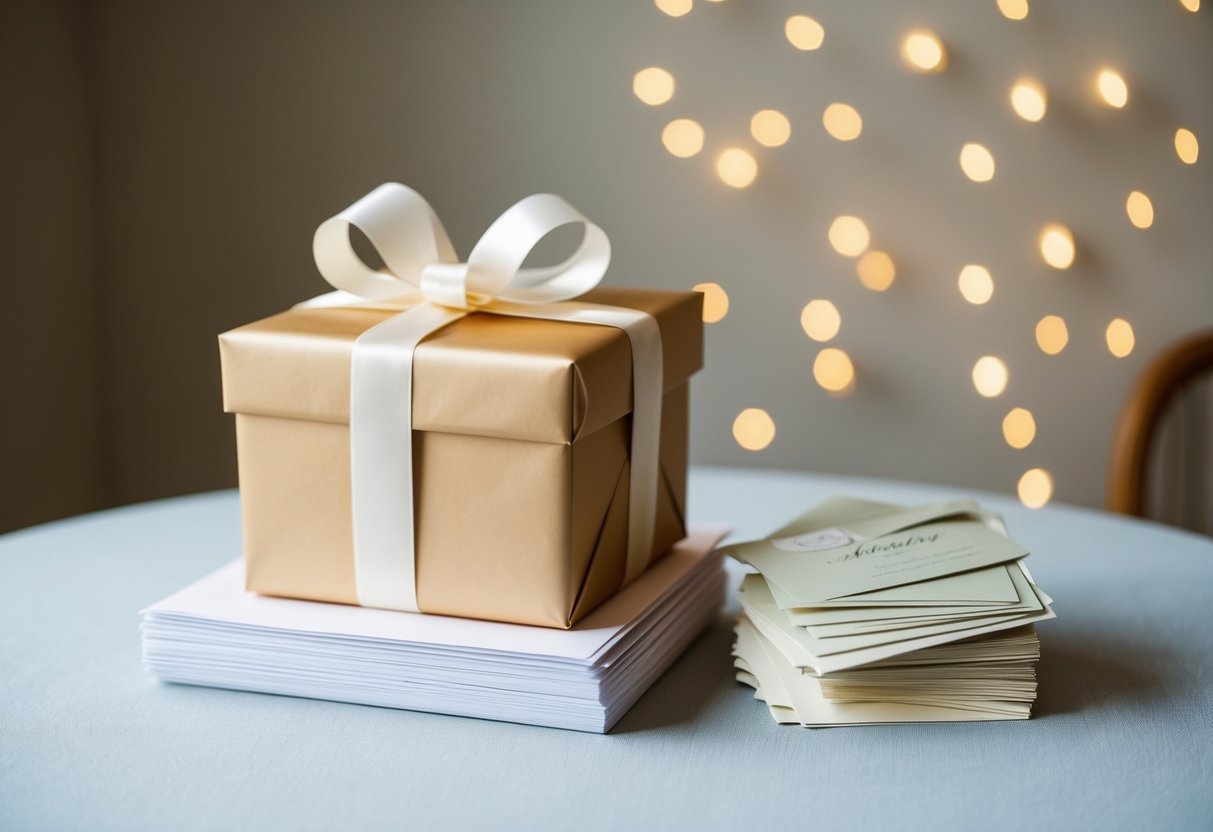 A beautifully wrapped gift box with a ribbon and bow placed on a table beside a stack of wedding invitations