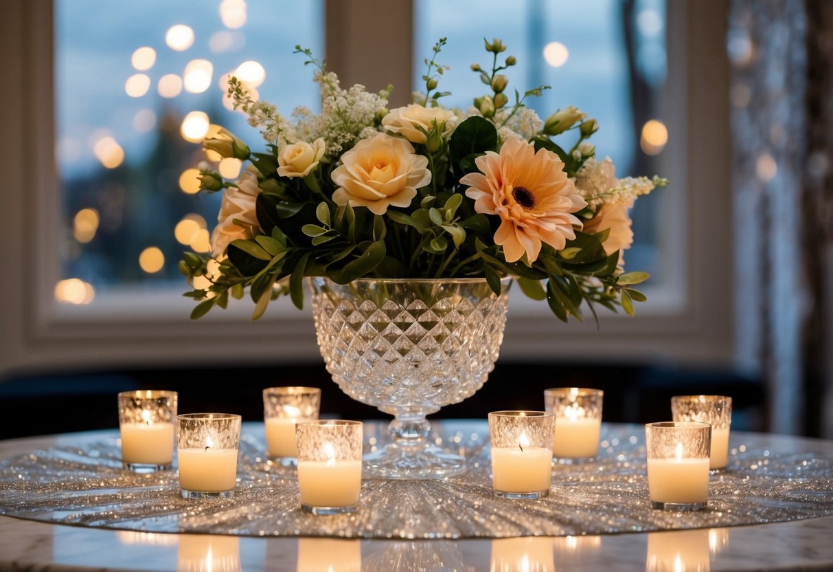 A crystal vase filled with faux flowers sits on a marble table, surrounded by flickering candles and a shimmering tablecloth