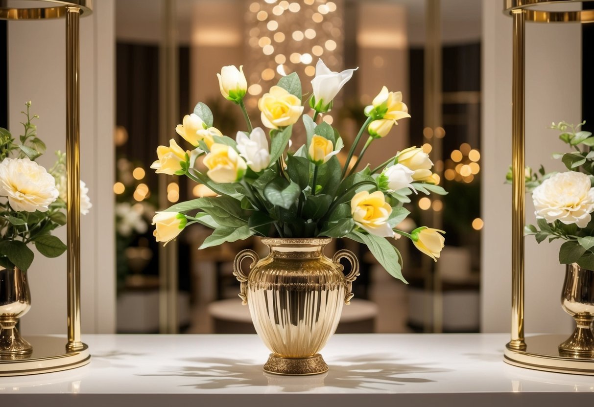 A vase of cheap fake flowers arranged with high-end decor and elegant lighting, creating a luxurious and expensive-looking display