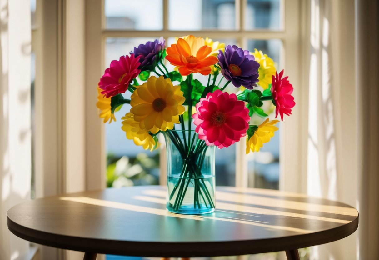 A vase with vibrant fake flowers on a table, sunlight streaming in through a window, casting soft shadows on the petals
