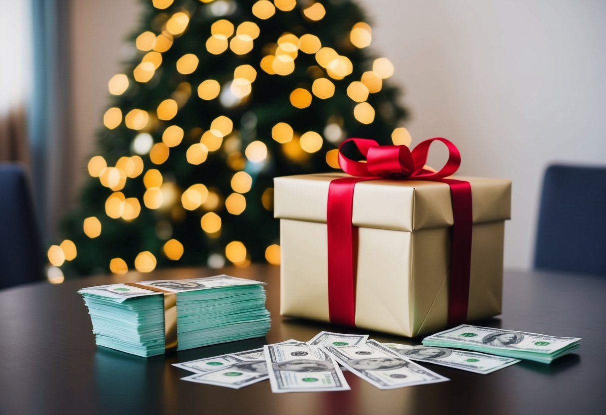 A beautifully wrapped gift box with a ribbon and a stack of bills on a table