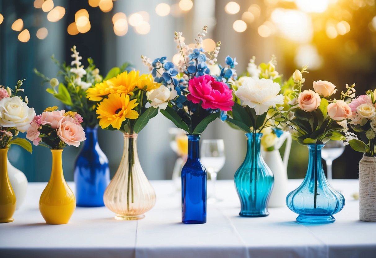 A table set with various vases and fake flowers, each representing different occasions such as weddings, birthdays, and funerals