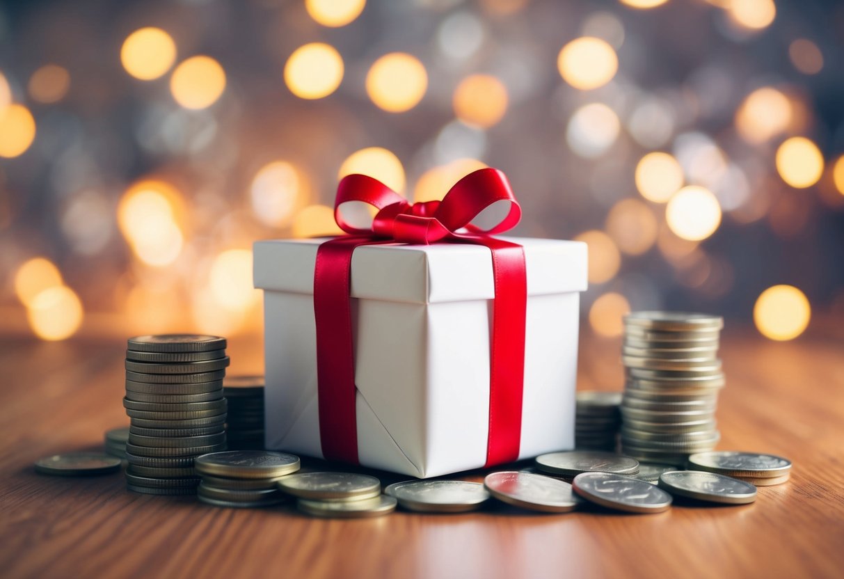 A beautifully wrapped gift box surrounded by stacks of cash and coins