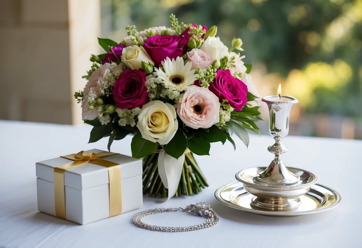 A bridal gift: a bouquet of flowers and a jewelry box. A wedding gift: a set of fine china and a silver candle holder