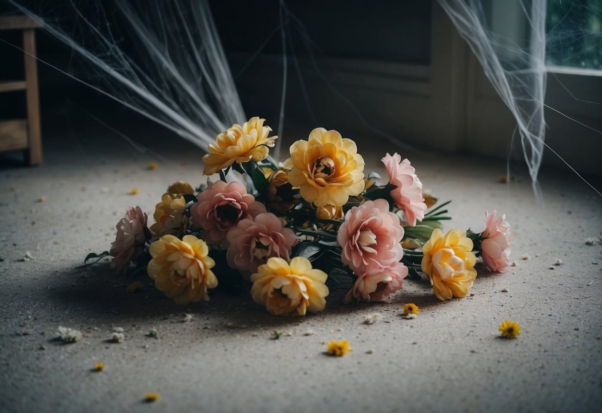 A pile of fake flowers wilting in a dimly lit room, surrounded by dust and cobwebs