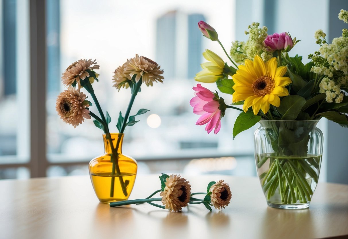 A table with wilted fake flowers next to a vase of fresh, vibrant real flowers