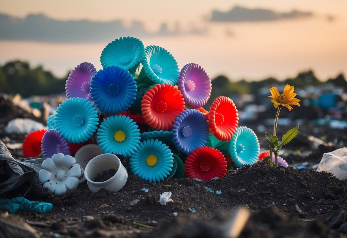 A pile of plastic flowers sits in a landfill, leaching toxins into the soil. Nearby, a wilted real flower struggles to bloom