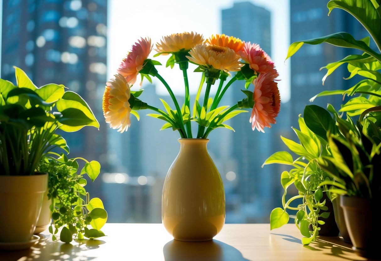 A vase of artificial flowers wilting under direct sunlight, surrounded by vibrant live plants thriving in the same environment