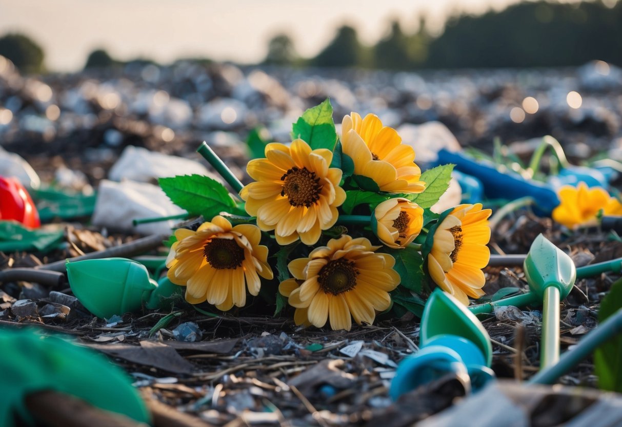 A pile of fake flowers wilting in a landfill, surrounded by discarded plastic stems and leaves