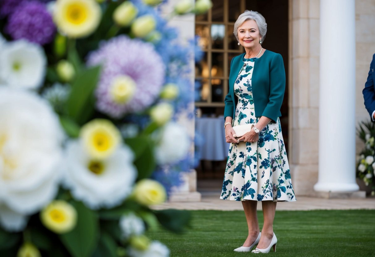 A 60-year-old woman in a knee-length floral dress, paired with a coordinating jacket and low-heeled shoes, holding a small clutch purse at a wedding