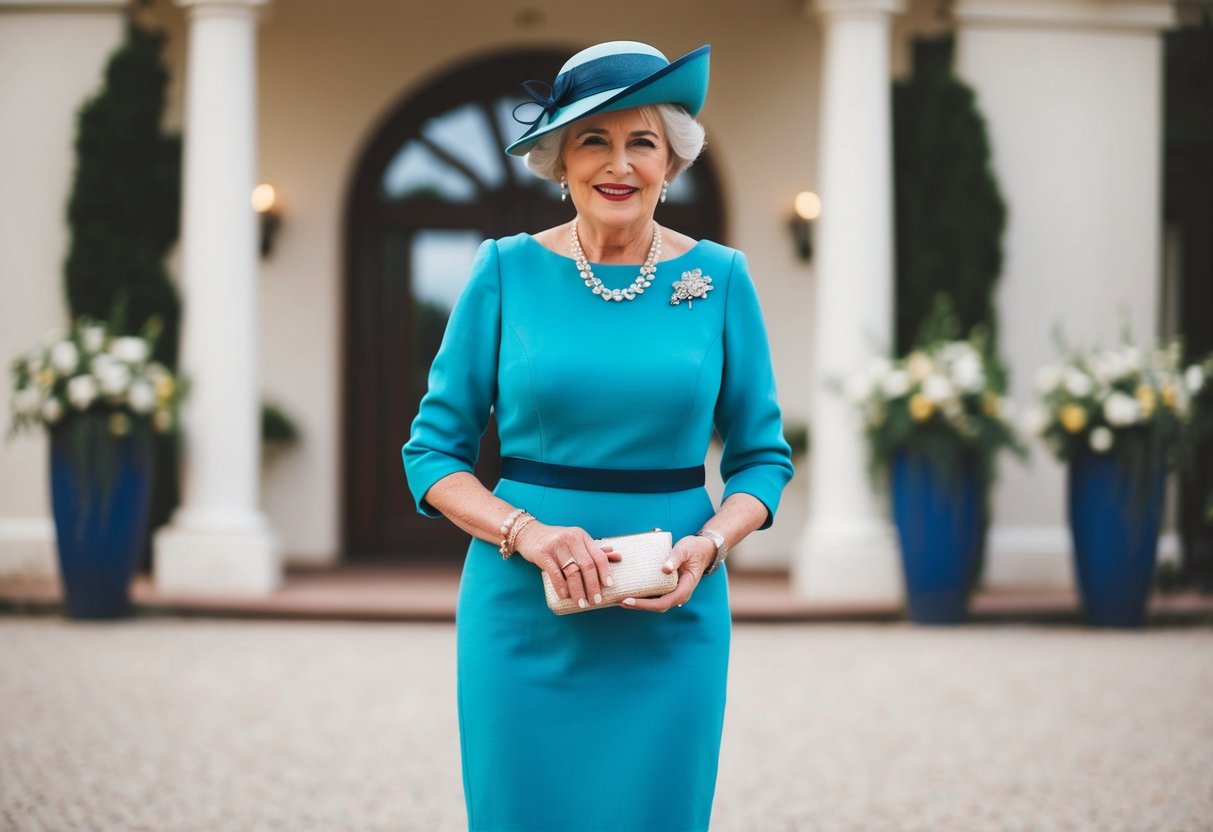 A 60-year-old woman wearing a stylish knee-length dress and a chic hat, holding a small clutch, standing in front of a beautiful wedding venue