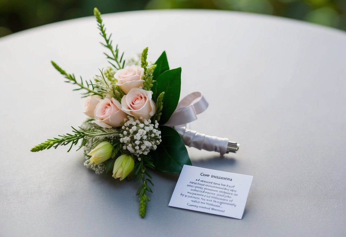 A beautifully crafted corsage sits on a table, surrounded by delicate flowers and greenery. A small card with care instructions is placed next to it