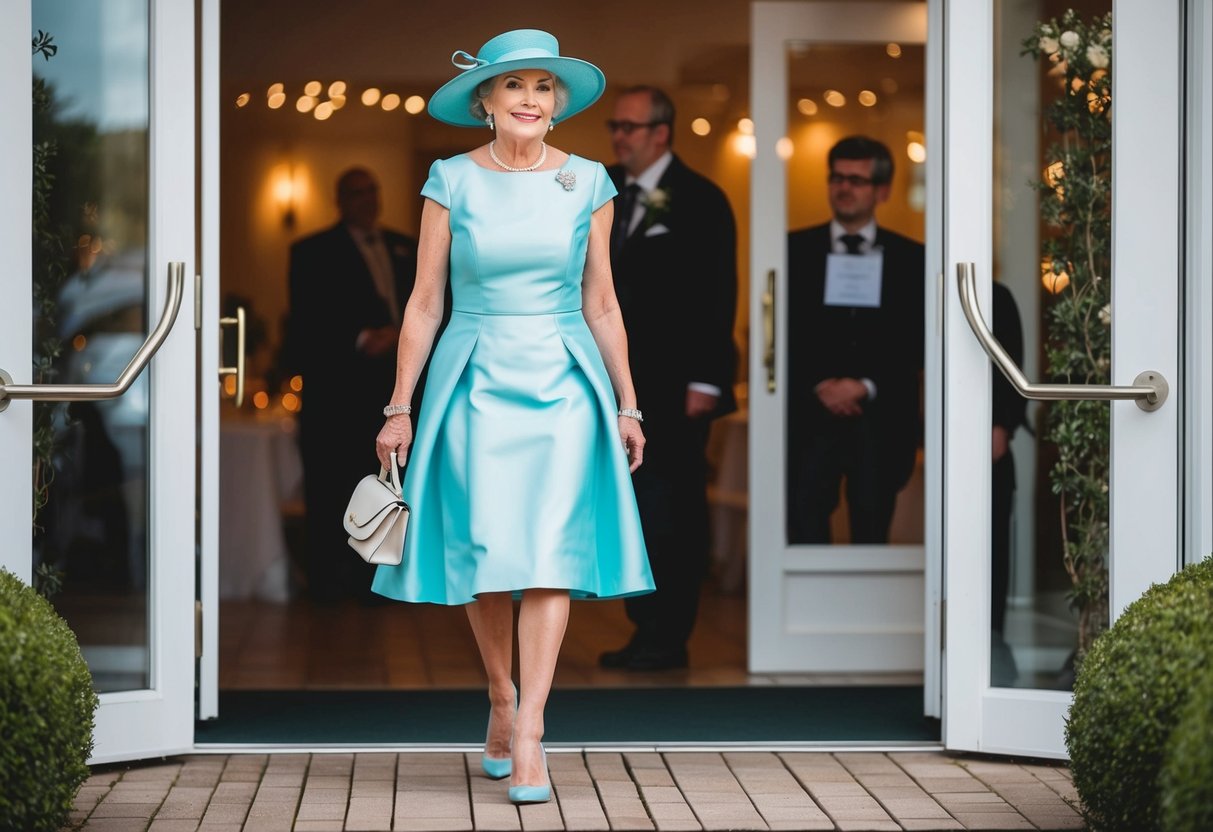 A 60-year-old woman in a chic knee-length dress, paired with a stylish hat and matching heels, arriving at a wedding venue