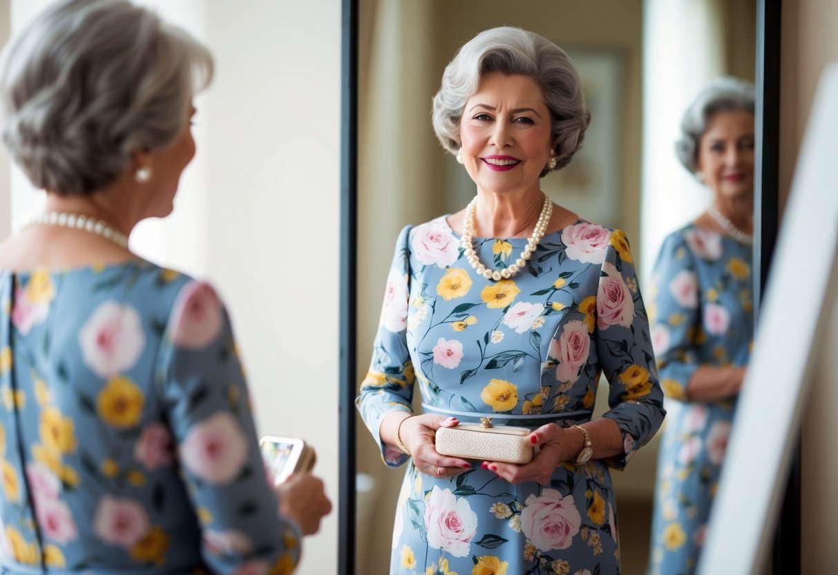 A 60-year-old woman in a knee-length floral dress, pearl necklace, and matching earrings, holding a small clutch purse, standing in front of a mirror with a satisfied expression