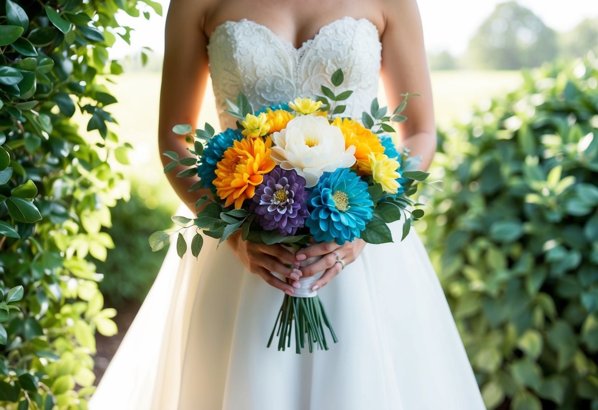 A bride holds a bouquet of vibrant fake flowers, surrounded by lush greenery and soft lighting