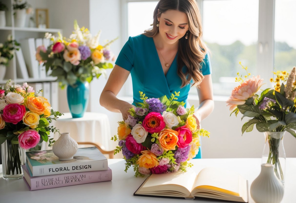 A bride-to-be arranging a bouquet of vibrant, lifelike fake flowers in a sunlit room, surrounded by floral design books and vases