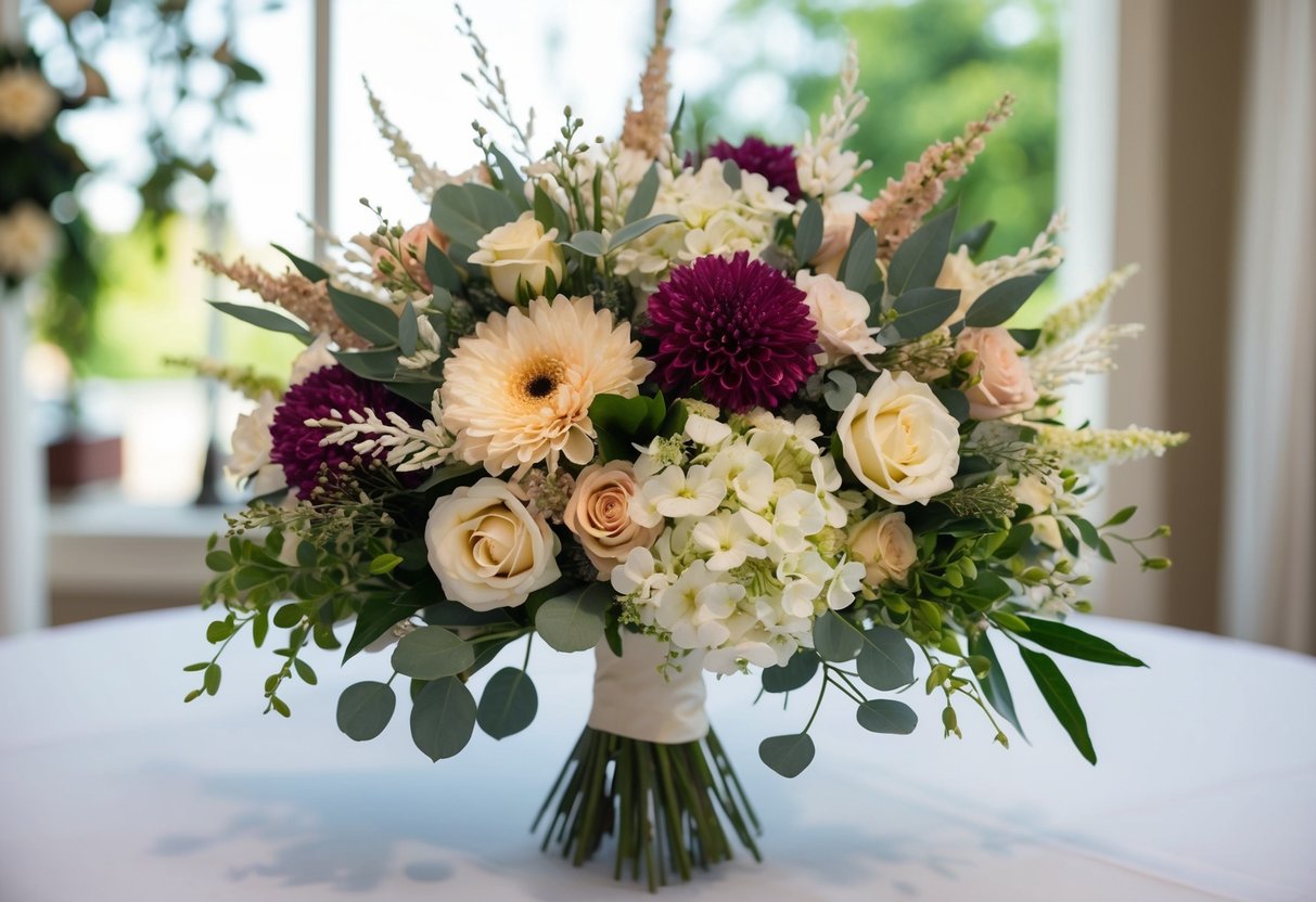 A beautiful wedding bouquet featuring a mix of faux flowers in various colors and textures, arranged in a stunning and elegant display