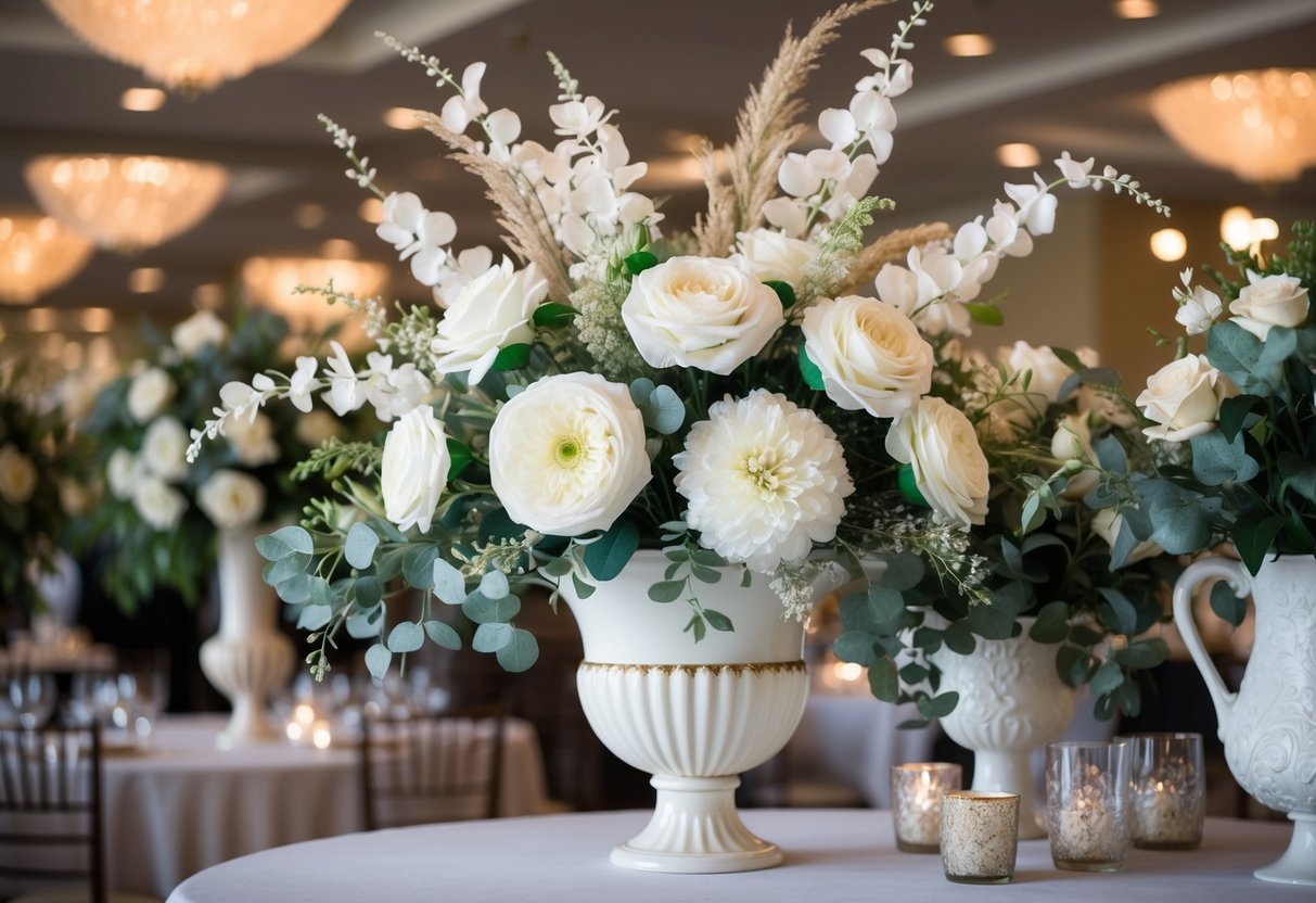 A wedding bouquet made of lifelike faux flowers displayed in an elegant vase on a table, surrounded by other decor