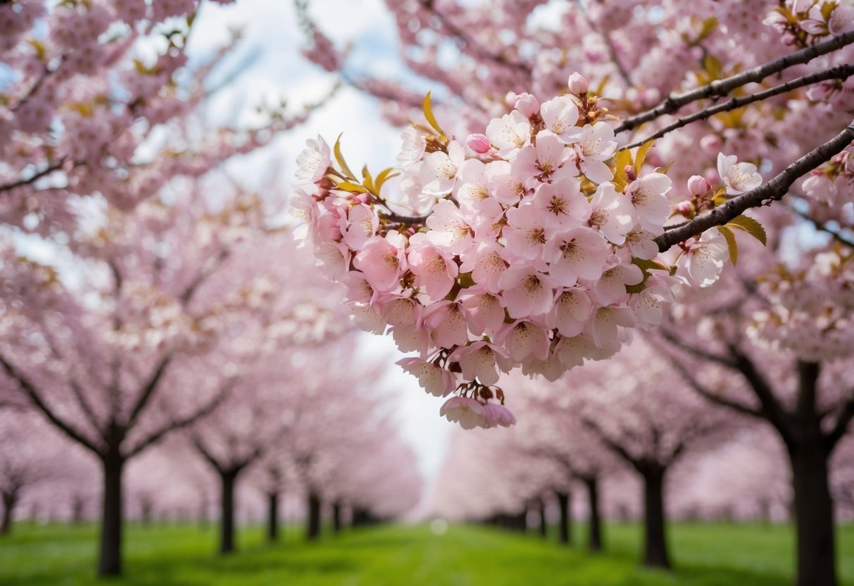 A field of blooming cherry blossoms in full bloom, with delicate pink petals fluttering in the breeze