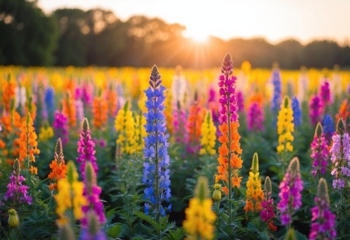 A field of vibrant, blooming flowers in a rainbow of colors, with the sun casting a warm glow over the scene