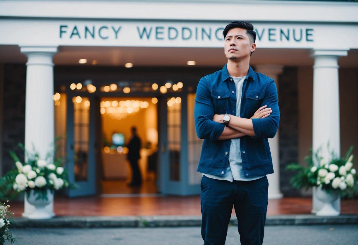 A person in casual attire stands in front of a fancy wedding venue, looking uncertain